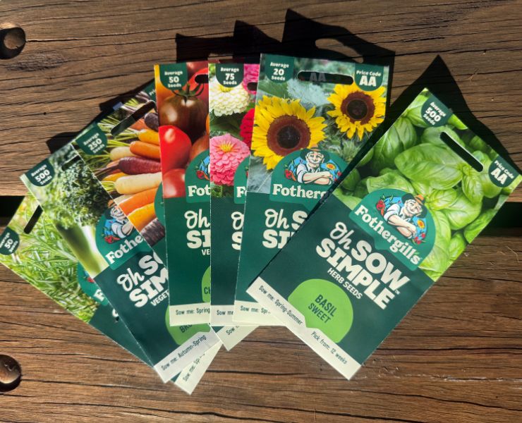 Some of the Oh Sow Simple seeds range, arrayed on a picnic bench, from Mr Fothergill's.