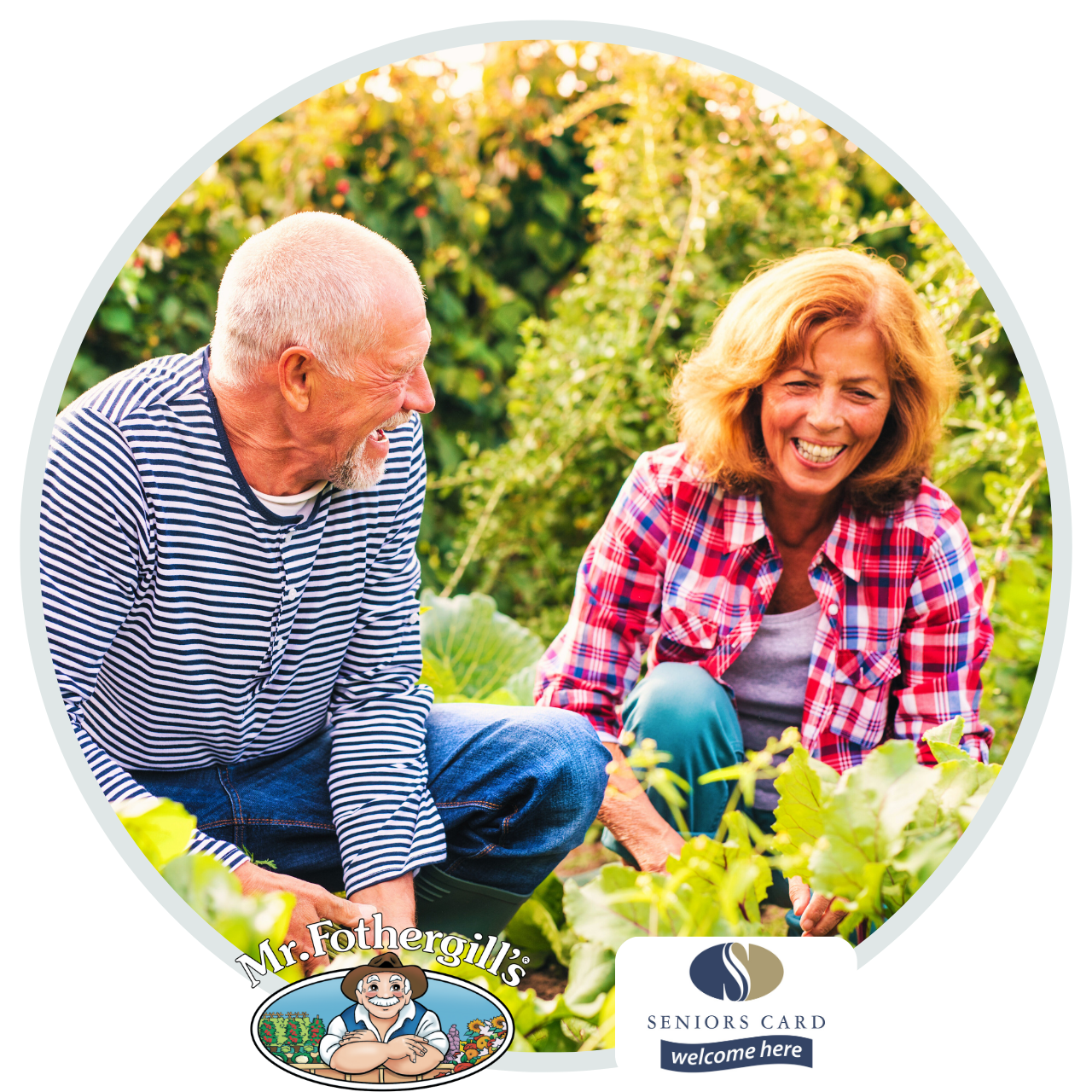 Image shows a senior couple gardening with Mr Fothergill's seeds and tools. Seniors get a 20% discount in August 2025 across the Mr Fothergill's AU website.